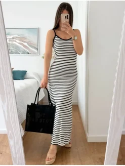 Vestido canale rayas blanco y negro ribete negro Anna (D33)