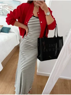 Vestido canale rayas blanco y negro ribete negro Anna (D33)