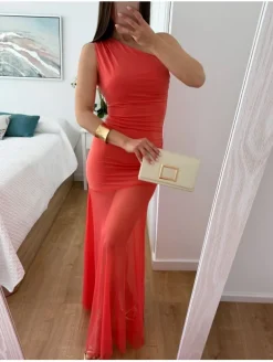 Vestido CORAL elástico asimétrico gasa larga tul Bell (M17)