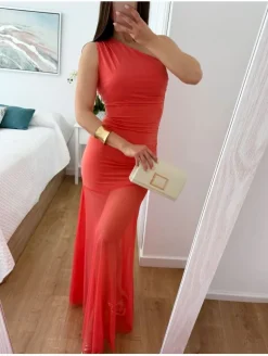Vestido CORAL elástico asimétrico gasa larga tul Bell (M17)