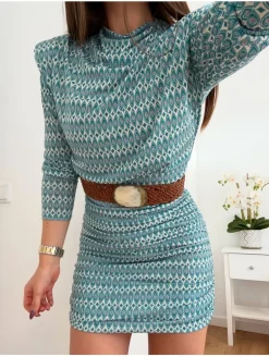 Vestido corto estampado fondo marfil hombros abullonados Lena (M18)