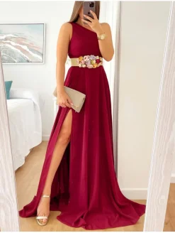 Vestido largo asimétrico BURDEOS cuerpo plisado Dione (M14)