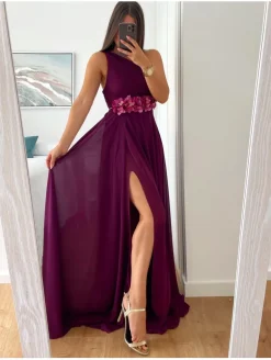 Vestido largo asimétrico BUGANVILLA cuerpo plisado Dione (M14)