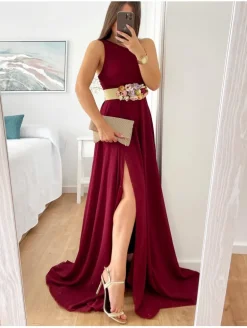 Vestido largo asimétrico BURDEOS cuerpo plisado Dione (M14)