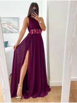 Vestido largo asimétrico BUGANVILLA cuerpo plisado Dione (M14)