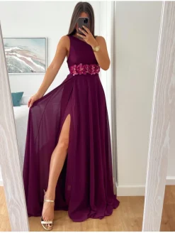 Vestido largo asimétrico BUGANVILLA cuerpo plisado Dione (M14)
