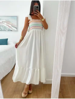 Vestido largo BLANCO pecho zig-zag multicolor México (L22)