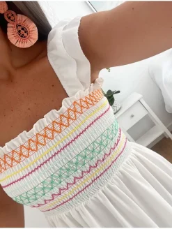 Vestido largo BLANCO pecho zig-zag multicolor México (L22)