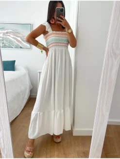 Vestido largo BLANCO pecho zig-zag multicolor México (L22)