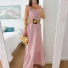 Vestido largo cuadros vichy rosa volante pico (V21)