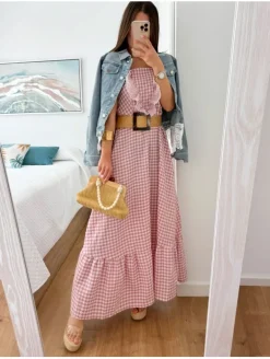 Vestido largo cuadros vichy rosa volante pico (V21)