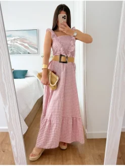 Vestido largo cuadros vichy rosa volante pico (V21)