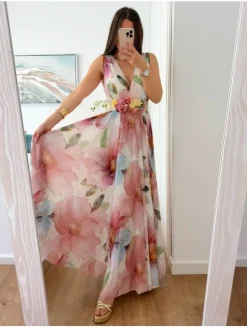 Vestido largo de gasa estampado flores tonos rosas Cósima (V08)