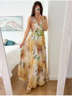 Vestido largo de gasa estampado flores tonos amarillos y verdes Vitaly (V08)