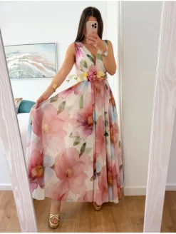 Vestido largo de gasa estampado flores tonos rosas Cósima (V08)