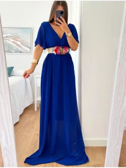 Vestido largo gasa AZUL KLEIN con manguita Greta (M14)