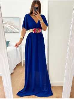 Vestido largo gasa AZUL KLEIN con manguita Greta (M14)