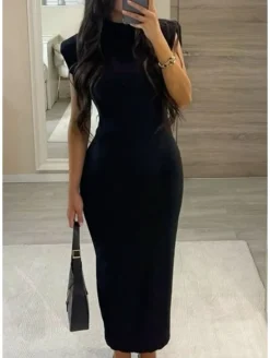 Vestido largo hombreras canalé NEGRO Eliana (V07)