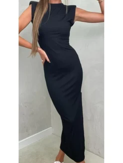 Vestido largo hombreras canalé NEGRO Eliana (V07)