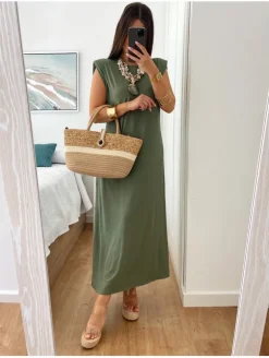 Vestido largo hombreras KAKI Eliana (V07)