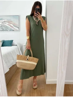 Vestido largo hombreras KAKI Eliana (V07)
