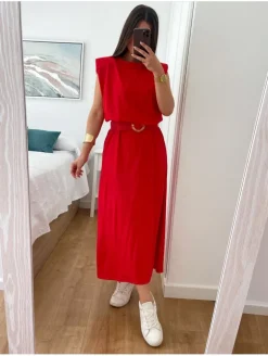 Vestido largo hombreras ROJO Eliana (L37)