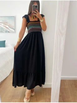 Vestido largo NEGRO pecho zig-zag multicolor México (D33)