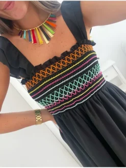 Vestido largo NEGRO pecho zig-zag multicolor México (D33)