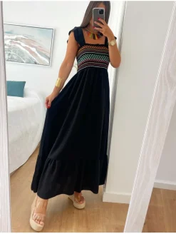 Vestido largo NEGRO pecho zig-zag multicolor México (D33)