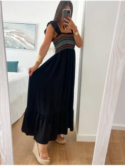 Vestido largo NEGRO pecho zig-zag multicolor México (D33)