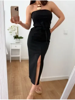 Vestido NEGRO midi palabra de honor elástico Boston (V07)