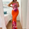 Vestido palabra de honor NARANJA flor malva Peonia (L37)