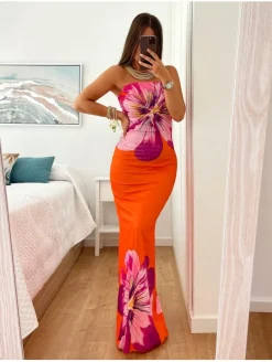 Vestido palabra de honor NARANJA flor malva Peonia (L37)