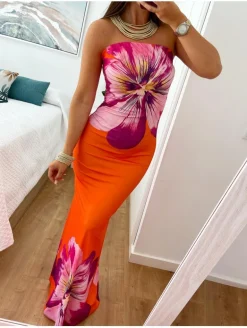 Vestido palabra de honor NARANJA flor malva Peonia (L37)