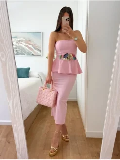 Vestido rosa MIDI sobrefalda volante (D33)