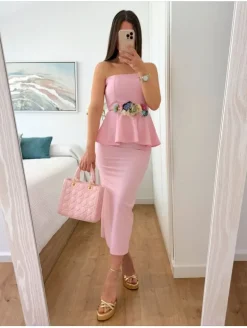 Vestido rosa MIDI sobrefalda volante (D33)