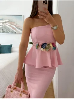 Vestido rosa MIDI sobrefalda volante (D33)