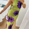 Vestido viscosa asimétrico FONDO VERDE flores MORADAS Primavera (M18)
