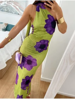 Vestido viscosa asimétrico FONDO VERDE flores MORADAS Primavera (M18)