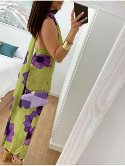 Vestido viscosa asimétrico FONDO VERDE flores MORADAS Primavera (M18)