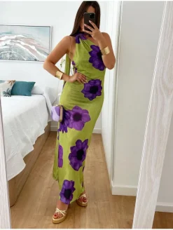Vestido viscosa asimétrico FONDO VERDE flores MORADAS Primavera (M18)