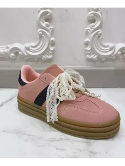 Zapatillas terracota rayas azul marino lazo puntilla yy139 (FSA)
